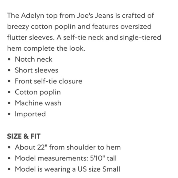 Joe’s Jeans Adelyn Poplin Flutter Sleeve White Top-NWT Size XS - Picture 9 of 10